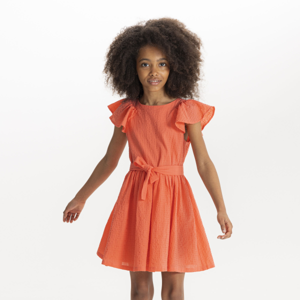 فستان أنيق بأكمام فراشة باللون البرتقالي للبنات